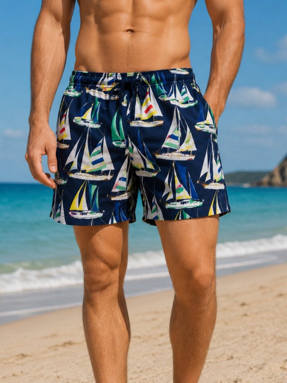 Land's End Men's Sailboat Print Swim Trunks Size M Mesh Lined Nautical Board Sho